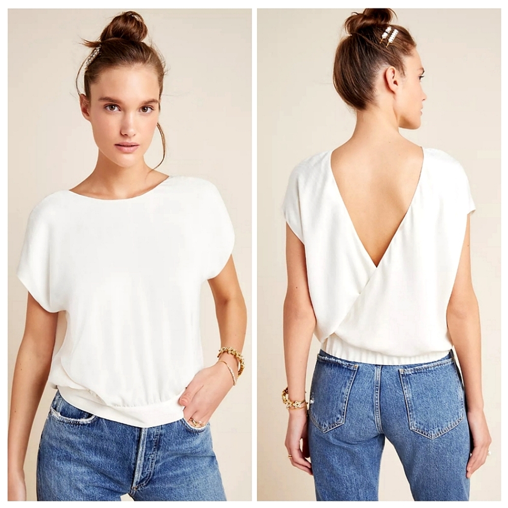Anthropologie Evanna Blouse Ivory V-back Sz XS Spring Balletcore Clean Girl